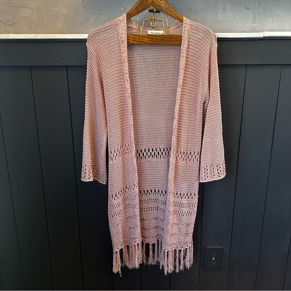 Fringe Open Knit Bohemian Tassel Duster Light Dusty Rose Wrap size S/M‎